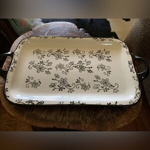 Temp-Tations Ceramic Oven Ready Serving Tray W/ Handles Floral Lace ~ 8” X 15”